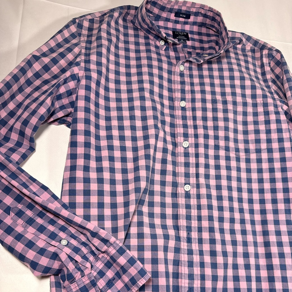 J.Crew Flex Washed Slim Fit Shirt Mens Medium Purple Blue Gingham Button Down